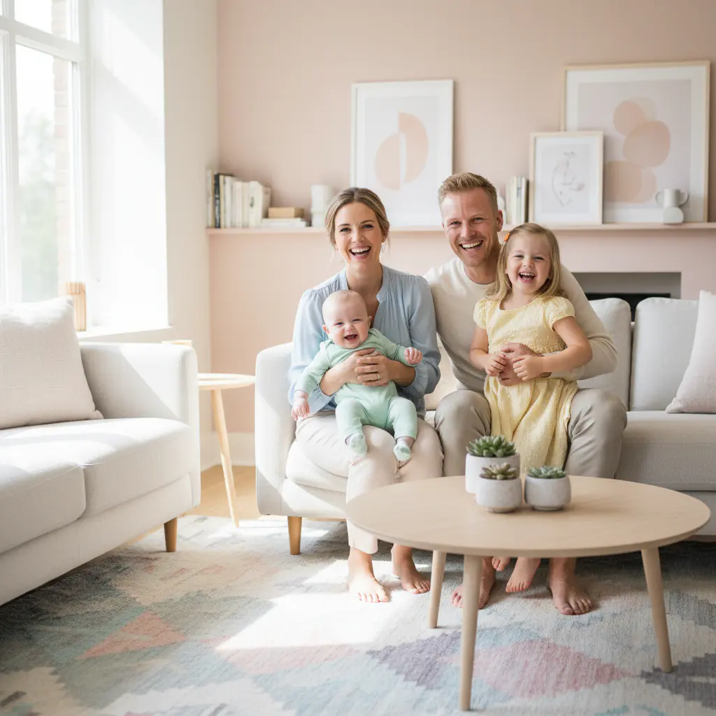 Familia sonriendo en la sala de estar