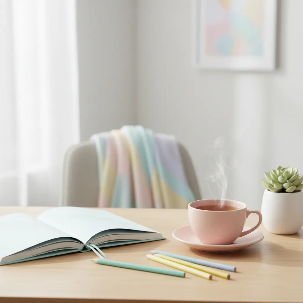 Mesa de trabajo amable con libreta y taza de té
